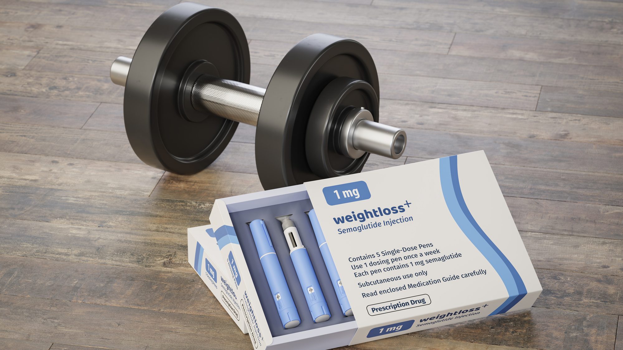 A dumbbell on a wooden floor beside an opened box of semaglutide dosing pens